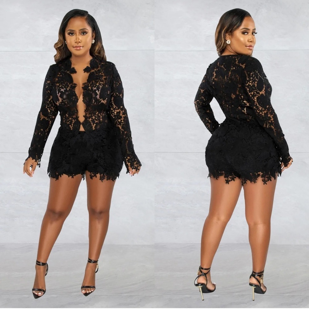 Fashion Nova Floral Cut Lace Short and Blazer Set